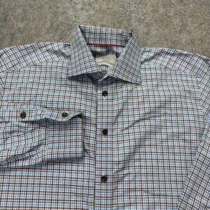 Eton Dress Shirt Men 41 16" Blue Brown Plaid Long Sleeve Contemporary